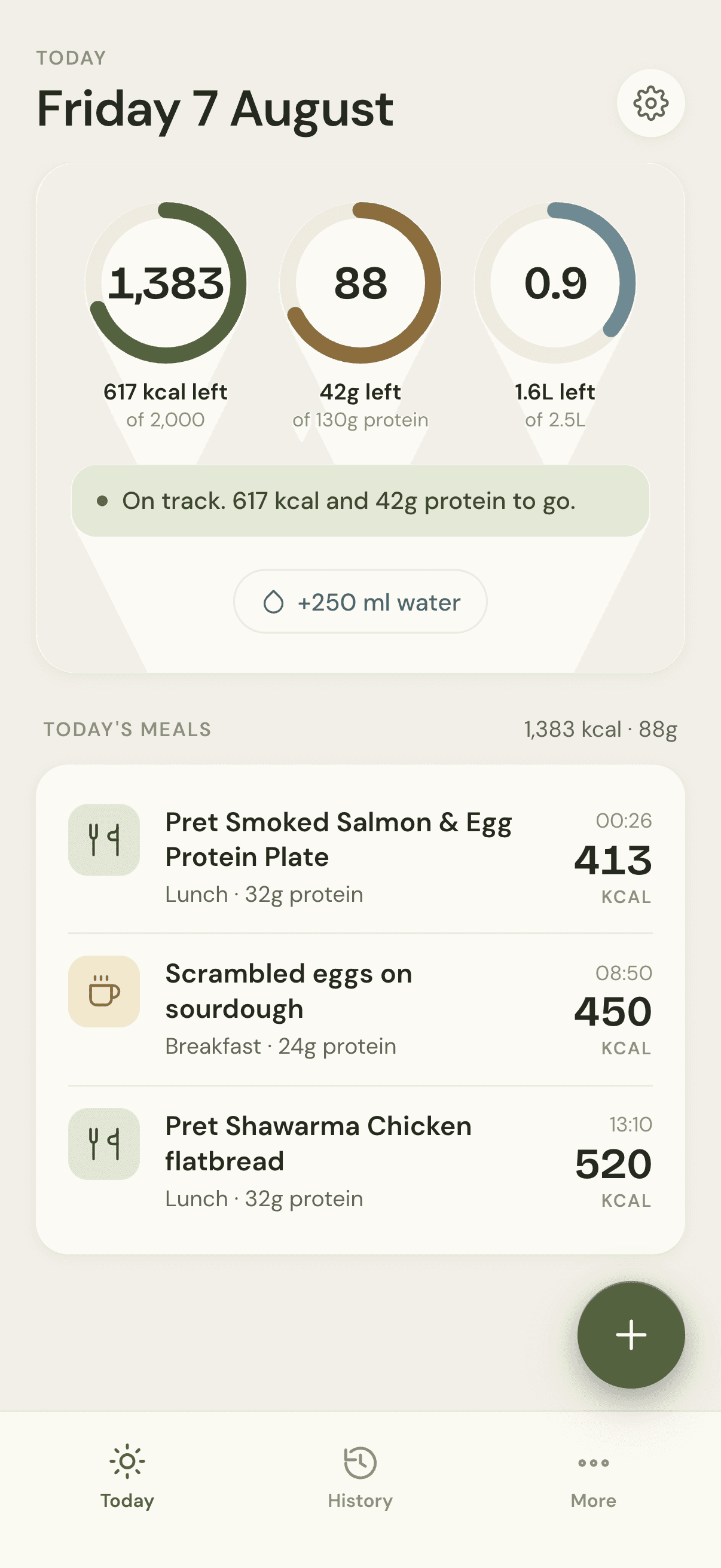 The Slowloss Today screen: rings showing 1,383 kcal and 88g protein logged, 617 kcal left of 2,000, above the day's logged meals